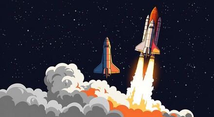 Naklejka premium Spaceship Launch Into Space Cartoon