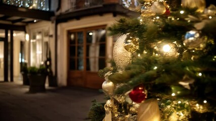 Close up of decorated Christmas tree with ornaments and lights outside an entrance with planters during the holiday season - Powered by Adobe