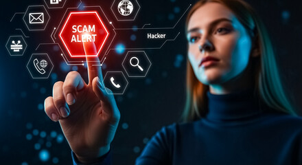 Hacker activating scam alert on digital interface for cybersecurity measures