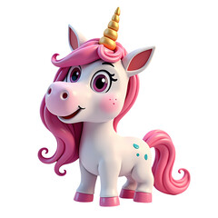 Fototapeta premium A charming cartoon unicorn with pink mane and tail and a golden horn standing on a black background