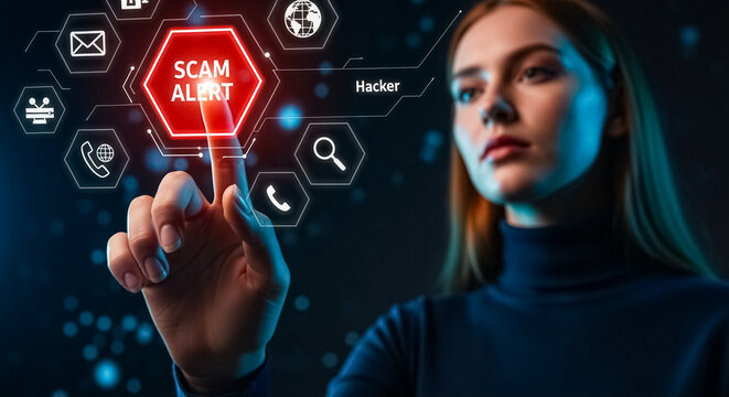 Hacker activating scam alert on digital interface for cybersecurity measures - Powered by Adobe