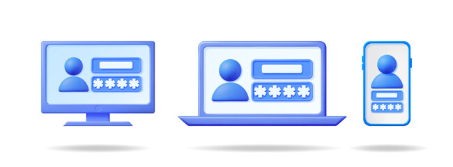 3d vector illustration set of user login access forms on computer, laptop, and phone screen for mobile security.