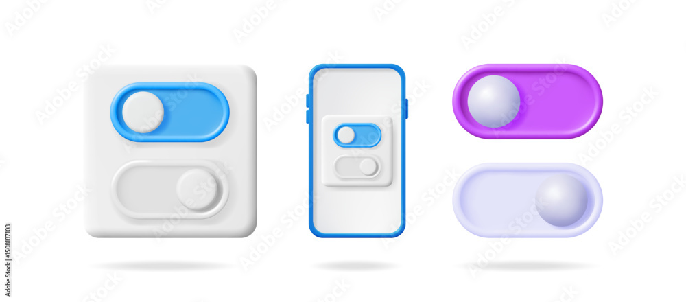 Poster 3d vector illustration set of colorful on off toggle switches on a smartphone screen and standalone 
