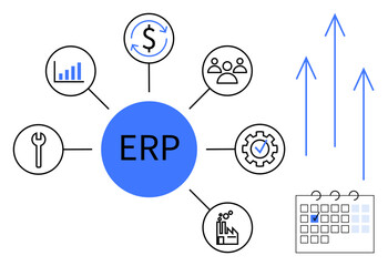 ERP at the center connected to finance, analytics, team, tools, manufacturing, planning icons. Rising arrows and calendar highlight progress. Ideal for management, planning integration efficiency
