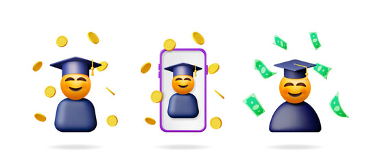 Happy graduate student avatar in 3d vector illustration set. Emoji wearing graduation cap with money and coin falling around him.