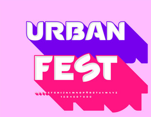 Vector Happy banner Urban Fest. Fashion Font with Big Pink Shadow. Cool Digital Alphabet Letters and Numbers