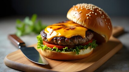 Juicy cheeseburger on sesame bun with melted cheese