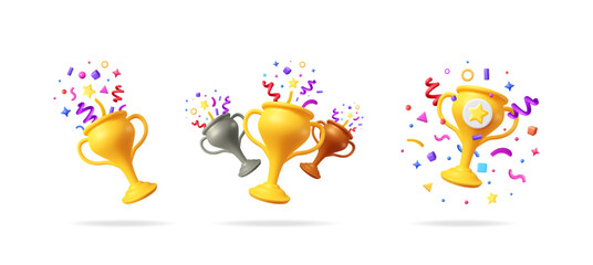 Set of 3D render gold trophy cup with confetti explosion. Champion award bowl for winner celebration. Success and achievement concept illustration.