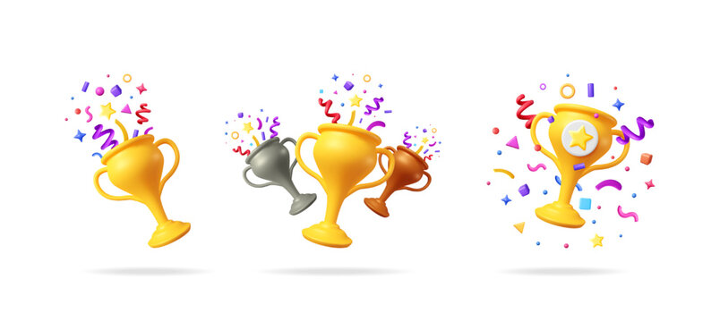 Set of 3D render gold trophy cup with confetti explosion. Champion award bowl for winner celebration. Success and achievement concept illustration.