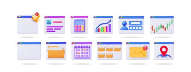 Set of 3d vector interface icons for web pages. Cartoon style illustration for business applications and digital services.