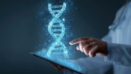 Doctor interacts with DNA graphic on tablet