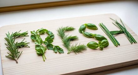 Fresh herbs arranged on a wooden board with nature's greenery showcasing vibrant colors and textures