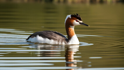 Side view of a Great Crested Grebe swimming in clear lake water, showing detailed feathers and ripples.