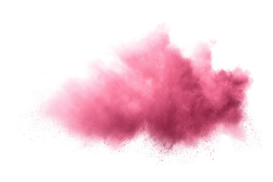 Vibrant pink powder cloud in motion captured on black background, cut out