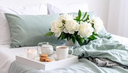 Light bedroom and pastel green and gray bedding linen set. Huge white peonies bouquet