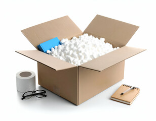 Packing Supplies Cardboard Box, Packing Peanuts, and Office Items