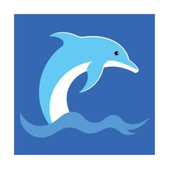 Vector illustration of a playful dolphin jumping out of the blue ocean waves.
