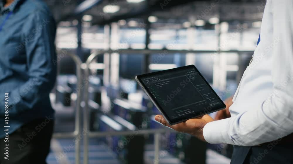 Poster close up of data center admin using tablet to reviewing machine learning code dashboards. server far