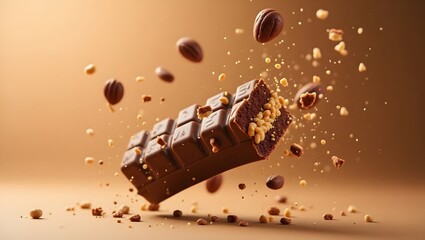Delicious chocolate bar with nuts and crispies in air