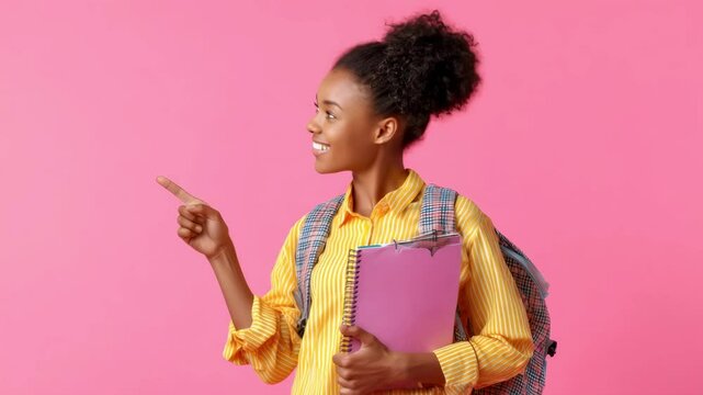 Student with a backpack and notebook smiling while pointing in front of a pink background