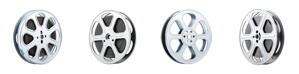 Fototapeta premium Vintage film reels showcasing classic designs, elegant silver finishes, and intricate detailing, perfect for cinematic themes or retro film projects.