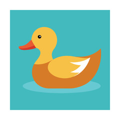 Cute cartoon illustration of a yellow duck floating on blue water in a simple design