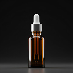 Fototapeta premium Amber glass dropper bottle on dark surface. Elegant, modern, and minimalist presentation for a product advertisement. Empty cosmetic bottle. studio shot -