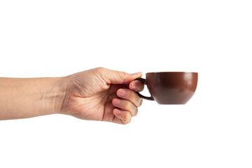 Coffee in a brown cup and hand, coffee in a glass, cup on transparent background