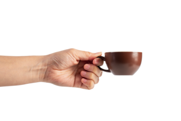 Coffee in a brown cup and hand, coffee in a glass, cup on transparent background