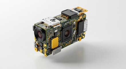 Action camera, internal components.  Detailed view of circuit board