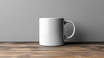 Blank white coffee mug on a wooden table against a gray background.