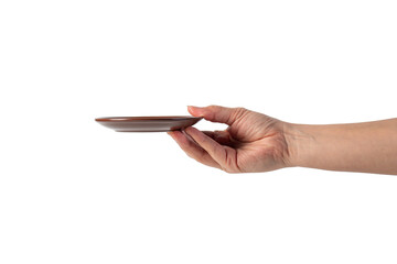 Brown coffee cup plate and hand, cup on transparent background