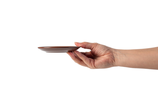 Brown coffee cup plate and hand, cup on transparent background