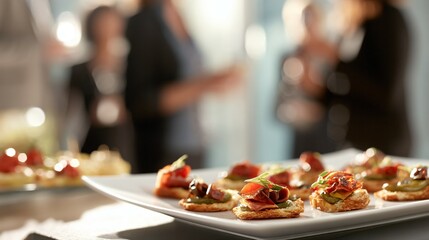 Appetizers on a plate, blurred background, symbolizing professional connections and networking opportunities.