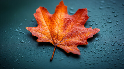 Autumn leaf with water droplets on a dark surface.