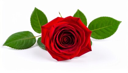 Fototapeta premium Beautiful red rose with green leaves on a white isolated background close up