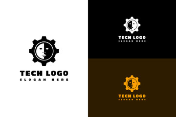illustration of two tones face in gear, abstract, icon, vector, logo for automation, mechanical, artificial intelligence, robot, technical, database, deep learning, data center, tech, and more