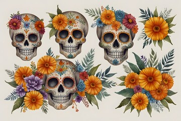 Day of the dead celebration with sugar skulls and marigold flowers in watercolor style