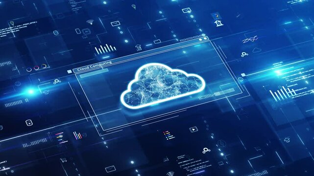 Cloud computing technology concept. Glowing icons representing database storage connection on internet network, surrounded by interface elements and abstract binary code on dark blue background.