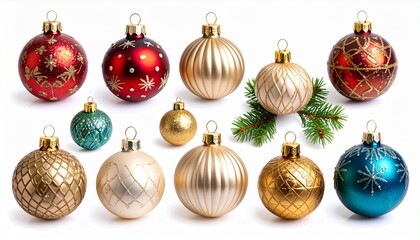 Different beautiful toys for christmas tree on white isolated background close up 