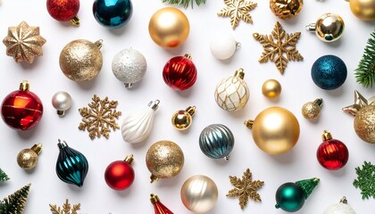 Different beautiful toys for christmas tree on white isolated background close up 
