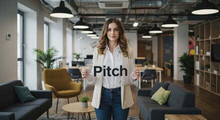 Startup pitch presentation concept with female entrepreneur holding pitch board in modern office representing business proposal strategy and venture capital idea