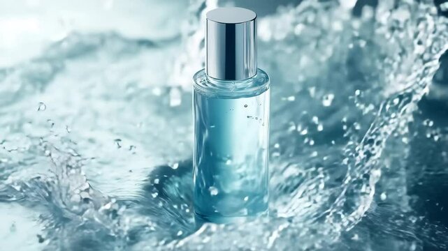 A bottle of perfume is floating on top of a wave of water. Concept of luxury and relaxation, as the perfume is often associated with self-care and pampering. The water adds a sense of movement