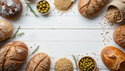 Top view of assorted freshly baked bread surrounded by seeds and olives on white wooden table