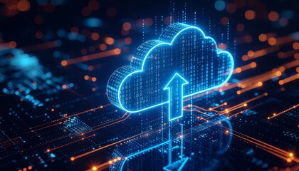 Futuristic cloud upload symbol with binary code background