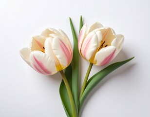Naklejka premium Three beautiful white narcissus flowers and bright green leaves close-up on a white i