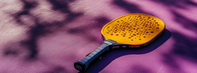 pickleball paddle on purple background. Sports equipment, modern lifestyle, health and activity, emerging trends, leisure concept. banner 