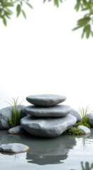 tranquil zen garden stacked stones reflecting in calm water
