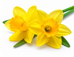 Two beautiful narcissus (Narcissus) flowers with green leaves close up on white isola
