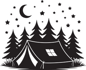 Camping Under the Stars Nighttime Adventure in the Forest Vector Silhouette Illustrations.